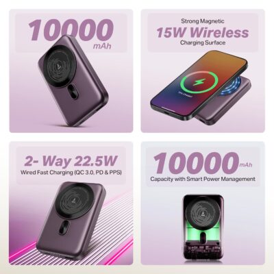 boAt EnergyShroom PB331 (MagSafe) 10000mAh Wireless Powerbank | 15W Wireless & 22.5W Wired Fast Charging | for iPhone & Android (Purple)