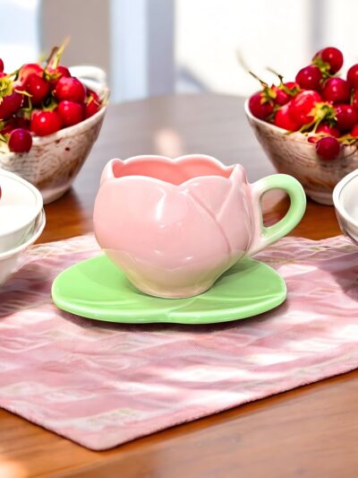 The Deluxe Creations Tulip Shaped Ceramic Cup & Leaf Saucer Set – Pink, 275ml | Handmade Tea/Coffee Mug | Rakhi Gift for Sister | Microwave Safe | Elegant Gift Set for Home & Kitchen