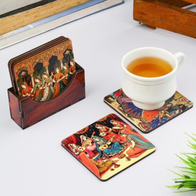 Handmade Wooden Coasters Set with Holder – Ethnic Rajasthani Art Print | Heat Resistant Tea Coffee Cup Coasters | Decorative Tableware Gift (Set of 6)