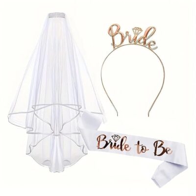 3pcs Bride to Be Decoration, Bride to Be Props, Party Decorations, Pink Strip With Rose Gold Letters, Rose Gold Crown, and Lace Veil for Single Party Props, Used for Bridal Decoration, Wedding