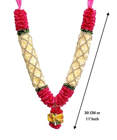 Handcrafted Fabric Satin Ribbon Garland | for Photos, Deity/God Idols, Home &Temple Decoration Garland - 21 (Pink - White)