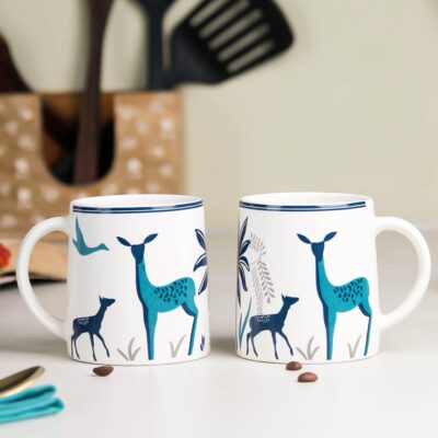 The Earth Store Stag Blue Coffee Mug Set of 2 to Gift to Best Friends, Coffee Mugs, Microwave Safe Ceramic Mugs,(300 ml Each)