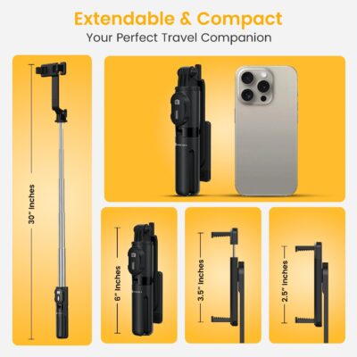 Portronics Lumistick Mini Extendable Multifunctional 3-in-1 Selfie Sticks with Wireless Detachable Bluetooth Remote & Tripod Stand,Portable Lightweight Selfie Stick for iPhone & Android Mobiles(Black)