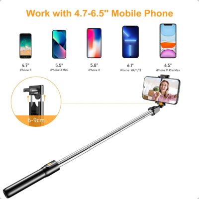 Gritin 3 in 1 Bluetooth Selfie Stick Tripod, Extendable & Portable with Detachable Wireless Remote & Stable Tripod Stand, Compatible with iPhone/Galaxy/Huawei, etc.