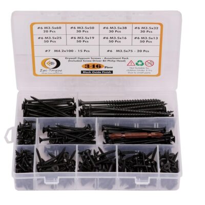 Epi-Torque 346 Pcs Drywall Gypsum Screw Assortment Set – Sharp Point, Self Tapping, Carbon Steel (Black)