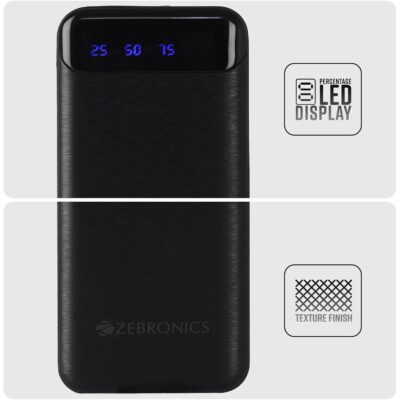 ZEBRONICS MB10000S4 Power Bank, 10000 mAh, 12W, Dual USB Output, Type C & Micro USB Input, Built in Protections, Percentage LED Display, Included USB to Type C Cable, Made in India(Black)