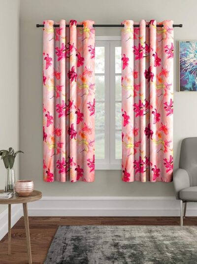 Home Sizzler 2 Pieces 3D Flower Eyelet Polyester Window Curtains - 5 Feet, Pink | Semi-Sheer