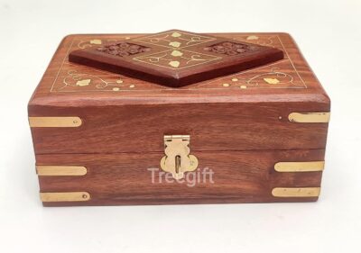 Wooden Jewellery Box for Women Jewelry Organizer Hand Carving and Brass work Gift Item.Brown (Sheesham Wood) (Small)