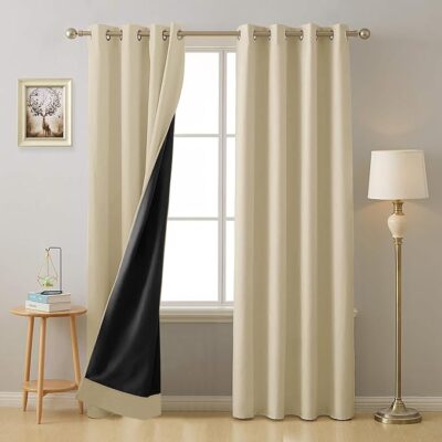 Cloth Fusion 100% Solid Blackout Door Curtains 7 Feet Long Set Of 2 With Black outlining, Double Layer Blackout Parda 7 Feet with Grommet Design for Home Decor (7X4 Feet, Iridescent White)