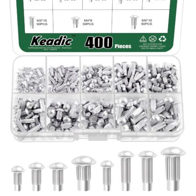 Keadic 400 Pcs Aluminum Solid Rivet Set – M2 to M4 Brazier Head Rivets (6mm–10mm) with Storage Box