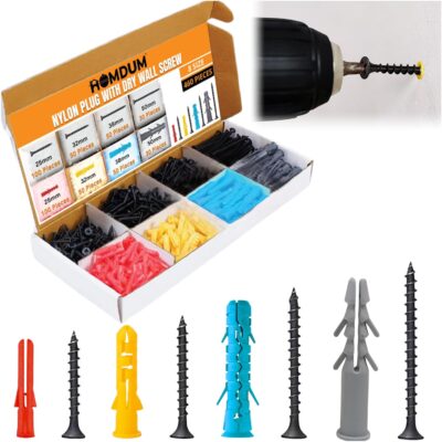 Homdum Assorted Drywall Screws with Nylon Wall Plugs (460 Pcs) – 5 Sizes, Black Screws with White Plugs