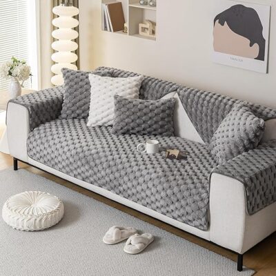 Styley's Luxury Faux Rabbit Plush Fur Sofa Cover for L Shape & 1/2/3 Seater – Ultra Soft Couch Protector, Non-Slip, Washable Furniture Mat, Elegant Living Room Sofa - 70X60cm, Dark Grey, XGBSFD-1A