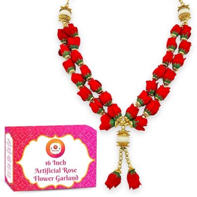 Bhakti Lehar Artificial Double Layer Velvet Rose Flower Mala Garland for Photo Frame/Heavy Pearl Moti Gulab Mala Haar for God Idol (16 Inch)