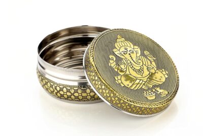 NAVRANG Stainless Steel Container Meenakari Storage Box Ganesh Ji Design Return Gifts Laddu Box (Pack Of 8, Golden)