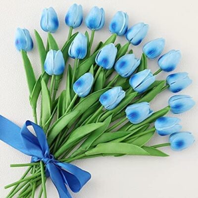 PlantaZee Artificial Tulip Flowers Bunch for Vase (Sky Blue) Home Decoration Living Room Bedroom Tabletop Decorative Items Pack of (4)