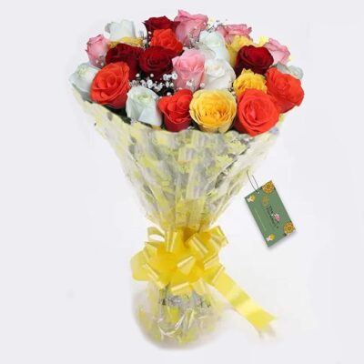TFM New Year Special Fresh Flowers Bouquet of 10 Mixed Roses in Cellophane Wrapping (Multicolor)
