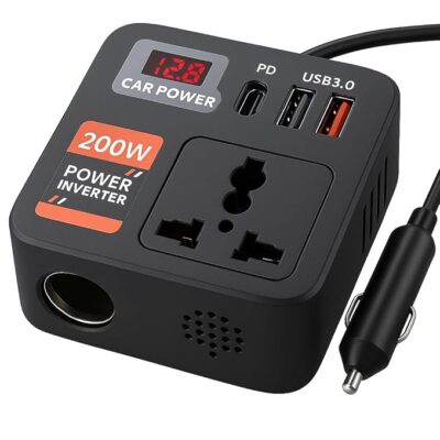 Primate 200W Car Power Inverter with 2 USB Ports (18W & 15W QC3.0), 1 USB-C 30W PD, 2 AC Universal Outlets 12V DC to 220V AC Converter for Laptop, Phone, Electronics Charging (Plug Car Charger) 4 IN 1