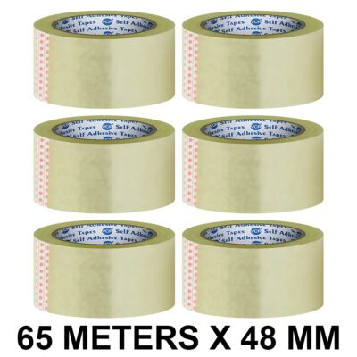 VCR Self Adhesive Transparent Cello Tape - 65 Meters in Length - 48mm / 2" Width - 6 Rolls Per Pack - BOPP Industrial Packaging Tape for E-Commerce Box Packing, Office and Home use