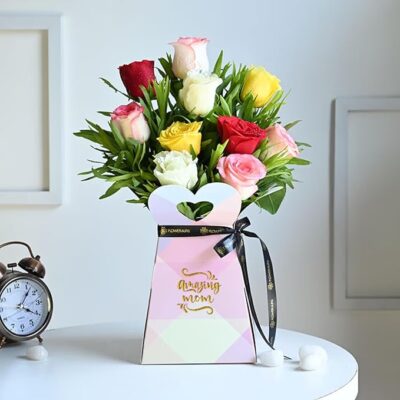 FlowerAura Premium Fresh Artificial Flower Bouquet of 10 Silky Mix Roses Flowers In Box For Birthday Gift & Mother's Day Gift For Mom | Maa | Mother-In-Law | Grandmother | Mummy | Aai (Same Day Delivery)