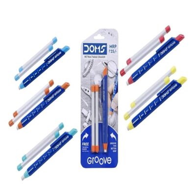 Doms Groove Retractable Eraser | Groove for Better Grip with Excellent Erasing Performance | Free 2 Refill Eraser with This Pack | Pack of 10 Erasers