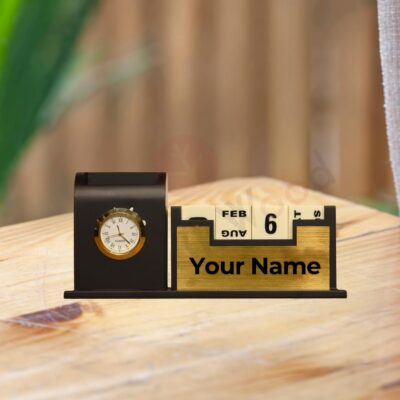 Teak Wood Personalized Wooden Pen Stand Desk Organiser With Pen Stand For Office Table Stylish,Elegant Gift For Boss,doctors,male Corporate Gifts|Includes Calendar & Watch Stand,Stationary,Black