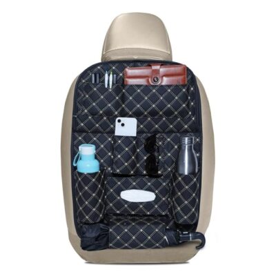 Neo drift Polyurethane Seat Master' Premium 7D Car Seat Organizer with Folding Meal Tray, Universal Fit, Multipacket Storage for Bottles, Keys, Documents, Tissues (Color: Black-Beige, Automobiles)