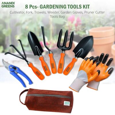 Anandi Green's Metal Agriculture Gardening Tools Kit - 8 Pcs (Cultivator, Fork, Big and Small Trowels, Weeder, Gloves, Pruner Cutter with Tools Bag) Tools Set for Home Indoor and Outdoor Gardening