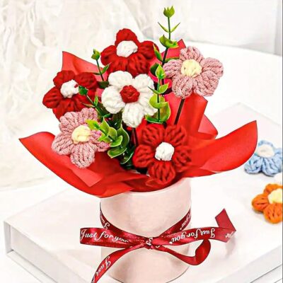 Nostrae by Ekhasa Red Cherry Blossom Crochet Flowers Bouquet (Small Size) | Knitted Flowers For Gifting | Woolen Bouquet Perfect For Crochet Gifts | Handmade Bouquets Gift