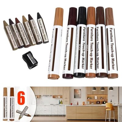 Furniture Repair Kit Wood Permanent Markers Fine- Set of 13 - Markers and Wax Sticks for Stains, Scratches, Wood Floors, Tables, Carpenters, Touch Ups and Cover Ups, Brown