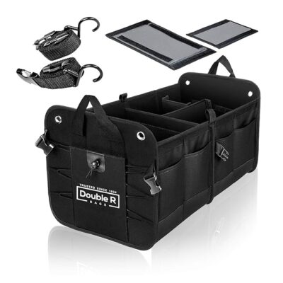 DOUBLE R BAGS Collapsible Car Trunk Organizer with 4 Compartments & 7 Pockets | Heavy Duty Polyester Storage Bag for SUV, Sedan, Minivan, Boot & Garage (Black, 32x60x37 cm)