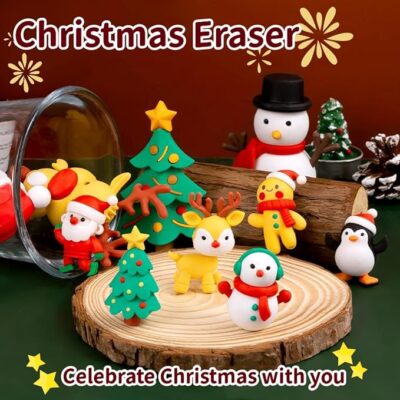 Fun Club Cute Cartoon Mini Eraser Merry Christmas Stationery Gift for Kids Kawaii Stationary for Kids Christmas Gifts School Stationery Kit Stationary Set School Gift (Pack of 6)