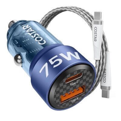 COSTAR 75W Car Charger Fast Charging with Dual Ports, Type-C QC 45W+ USB PD 30W, Compatible with Tablets, Mobile and Other Devices, Car Mobile Charger with 2m Type C to C Fast Charging Cable (Blue)