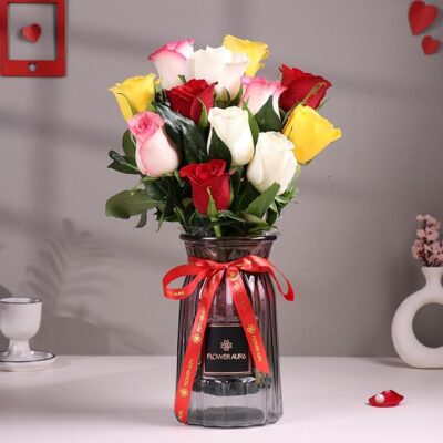 Flower Aura Fresh Artificial Flower Bouquet of 12 Mix Roses in Glass Vase for Birthday & Anniversary Gift, Wedding Gift, Mother's Day Gift, Love & Romance Gift, Father's Day Gift (Same Day Delivery)