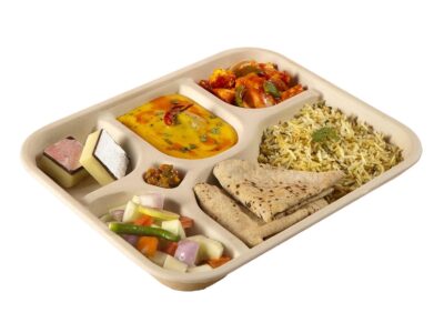 SANWALSA [5-Compartment, 15 Count, Beige Disposable Bagasse Plates | Eco-Friendly Sugarcane Meal Tray for Wedding, Party, Picnic, Event | Mess-Free Sections
