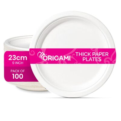 Origami 9 Inches Round Disposable Bagasse Thick Paper Plates | Eco Friendly & Biodegradable Sugarcane Paper Plates | Perfect for Parties, Picnics & Festive Occasions - Pack of 100 Pcs