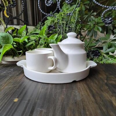 Ceramic Tea Set, 500 ml Teapot, 2 Cups 200 ml Each, with Serving Tray, White