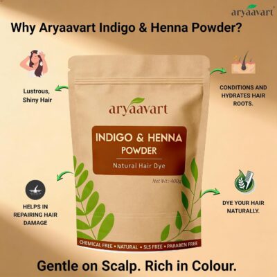 Aryaavart Indigo & Henna Powder Combo Pack 400g | for Natural Black & Brown Hair Color | Herbal Hair Dye for Grey Coverage | Strengthens Hair, Reduces Dandruff & Adds Shine | Chemical-Free
