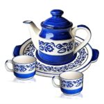 A hand-painted royal blue ceramic tea set with kettle, two mugs, and a serving tray.