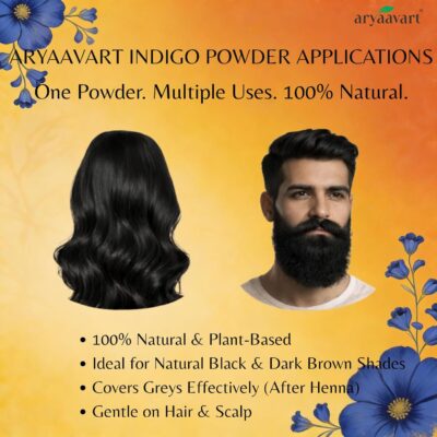 Aryaavart Herbal Indigo Powder for Natural Hair Color Organic & Chemical-Free | Helps Protect Hair from Damage | Hair Dye for Deep Black & Brown Shades | Cruelty-free & Vegan for Natural Hair Coloring | 200g