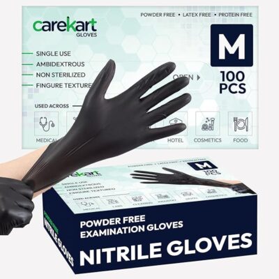 Care kart Powder-Free Black Nitrile Gloves 100 Pcs, Food Grade & Medical Grade Non-Sterile Disposable Gloves for Cooking, Medical - Medium, Pack of 100