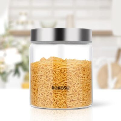 Borosil 600ml Endura Glass Jar with Stainless Steel Lid | Borosilicate Glass Storage Organizer | Microwave & Dishwasher Safe Kitchen Containers for Spices, Snacks, Grains, Dals