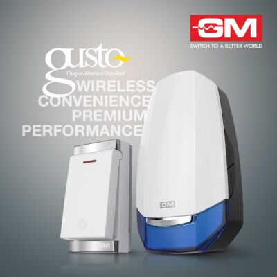 GM 4094 Gusto Wireless Plug-in Doorbell – 32 Selectable Melodies, Volume Control, Shuffle & Flashing Light, Battery-less Remote, LED Indicator, Compact Wall-Mount (Blue & WHITE)
