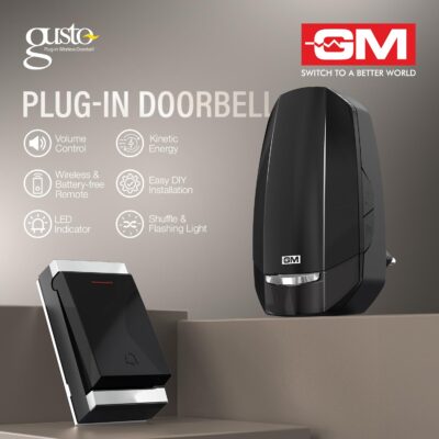 GM 4094 Gusto Wireless Plug-in Doorbell – 32 Selectable Melodies, Volume Control, Shuffle & Flashing Light, Battery-less Remote, LED Indicator, Compact Wall-Mount (Black)