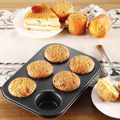ikis 6 Cups Carbon Steel Mini Muffin Bun Pan Non-Stick Cupcake Baking Bakeware Mould Tray Cake Mold (Black)
