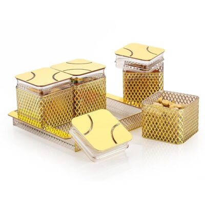 PEARLPET Fiesta Air-Tight Dry Fruit Container Tray Set With Lid & Serving Tray, Airtight Plastic Storage Container Set 500 ml | Set of 4, Golden