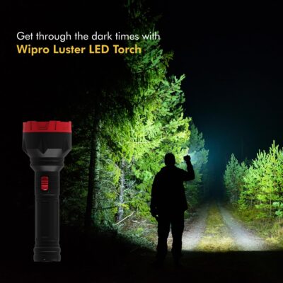 wipro Luster 3W Led Bright Rechargeable Torch with LED Light | Dimmable Emergency Torch Light with 1200 mAH Li-Ion Battery | Compact Torch with 2 Step of Brightness | Red | Pack of 1