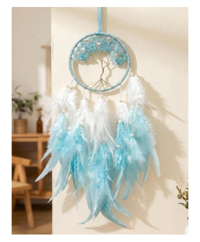 JH Gallery Tree of Life Dreamcatcher Feather Wall Hanging Boho Home Decor Blue & White